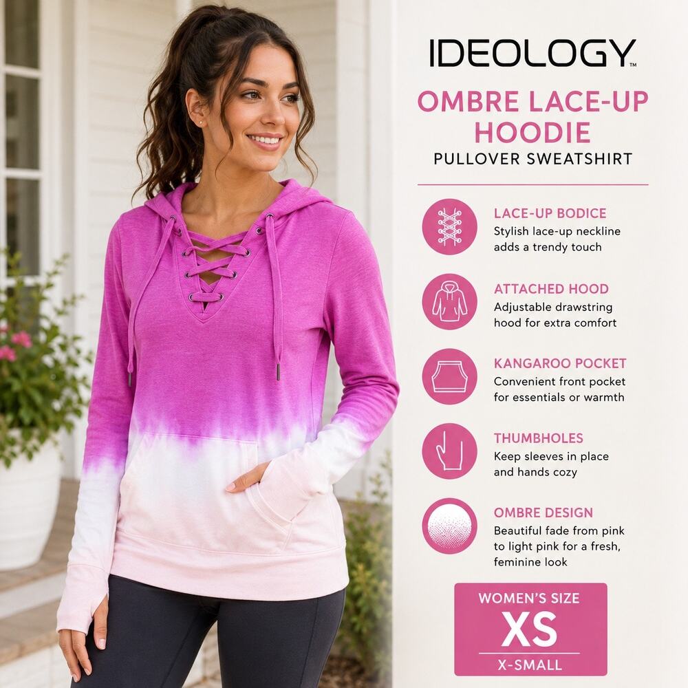 Ideology Womens Hoodie XS Pink Ombre Lace Up Pullover Sweatshirt Long Sleeve